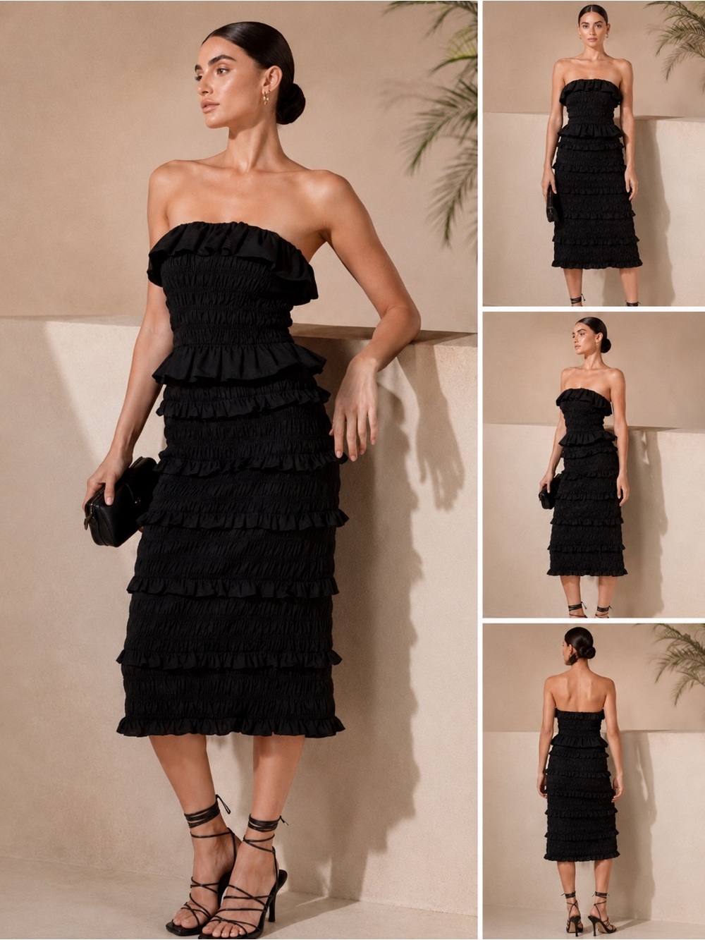 Cleobella Elodie Strapless Smocked Ruffle Midi Dress Black Organic Cotton Large